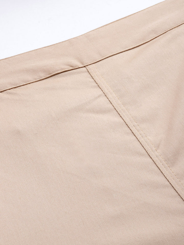Light Beige Solid Cotton Lycra Pleated Pants