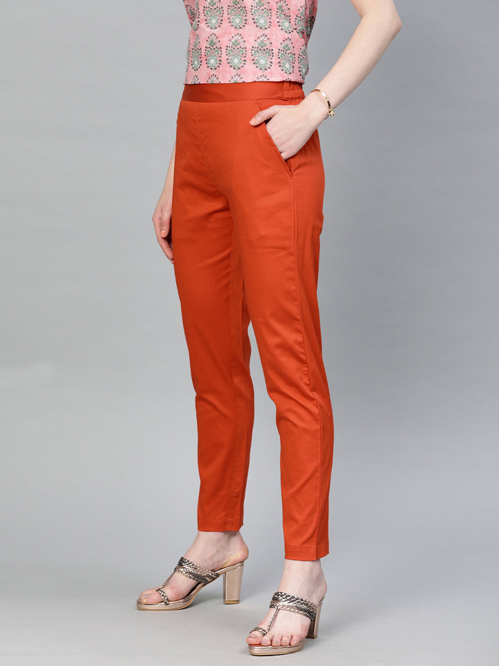 Rust Orange Solid Cotton Lycra Pleated Pants
