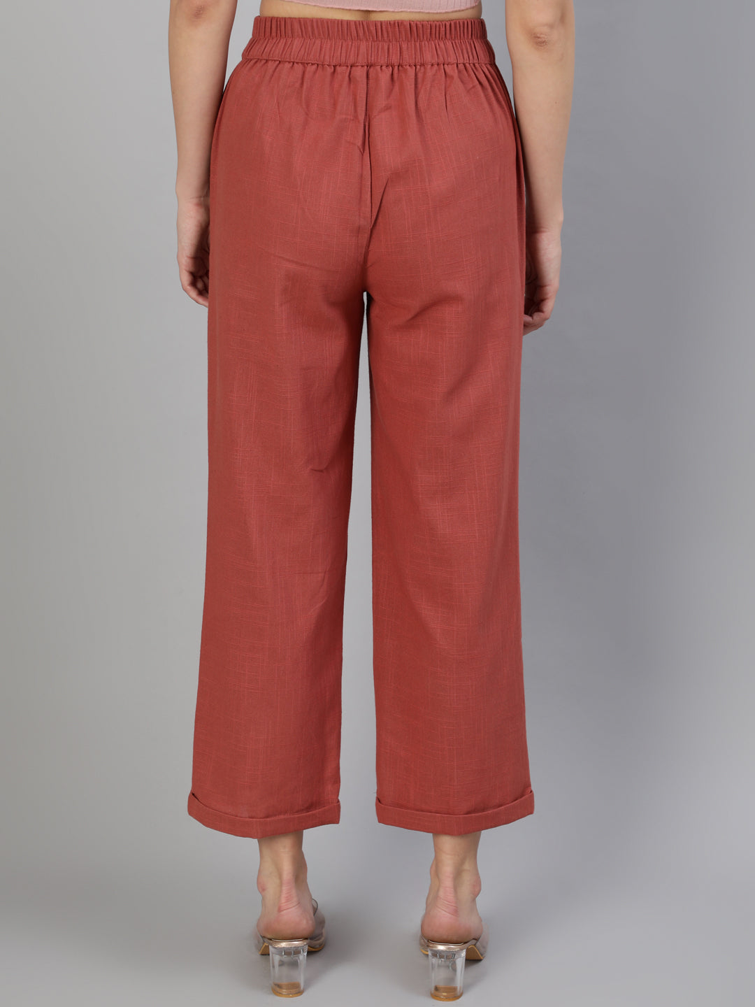 Brick-Red-Cotton-Straight-High-Rise-Pants