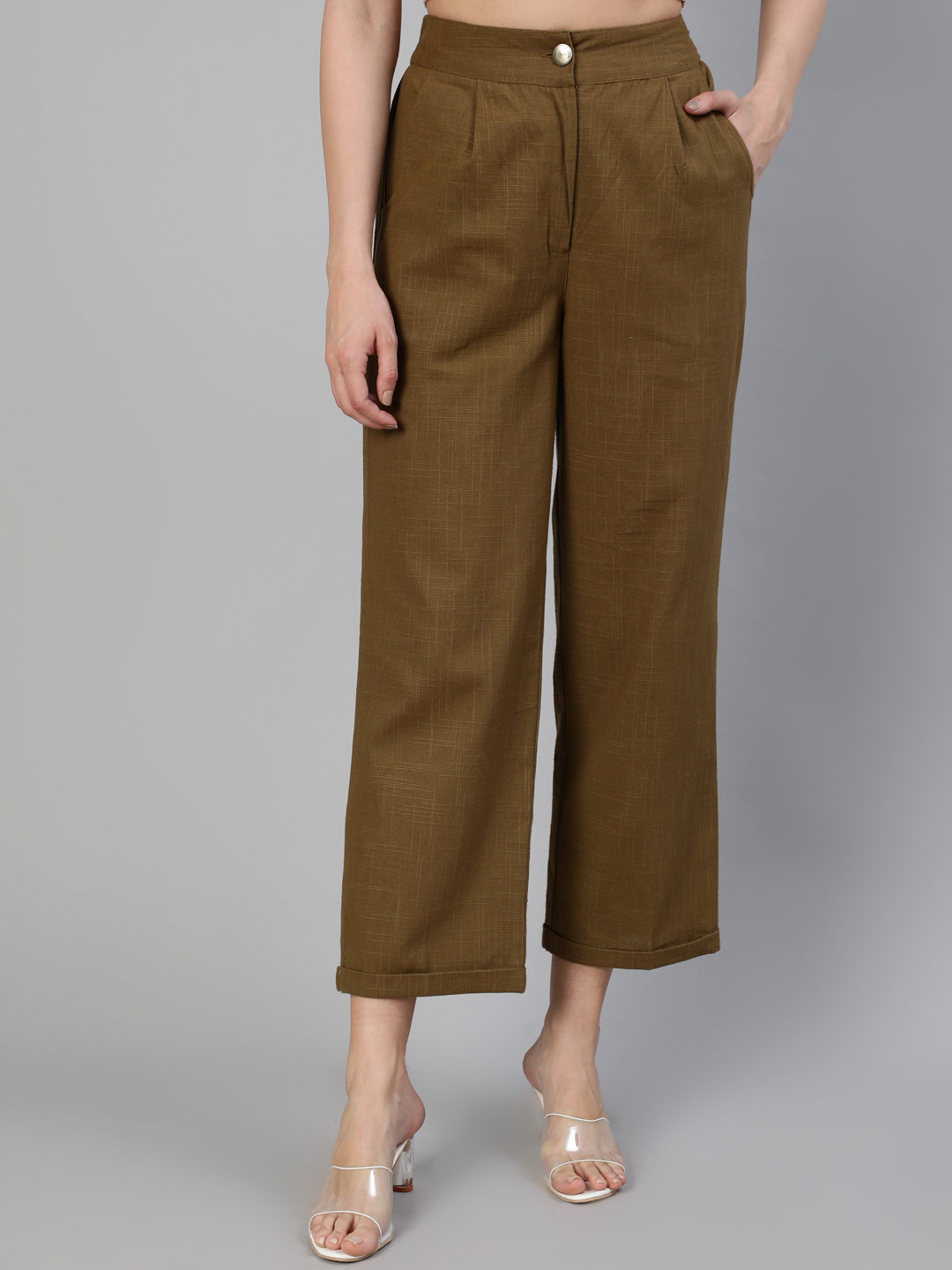 Olive-Cotton-Straight-Bottom-Fold-Pants