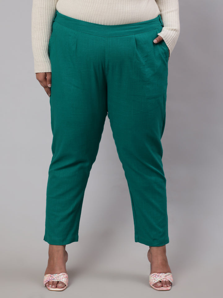 Teal Green Cotton Slub Pants in Pleat Detail