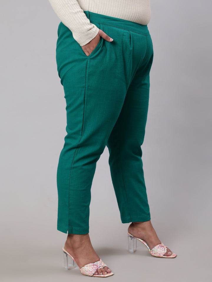 Teal Green Cotton Slub Pants in Pleat Detail