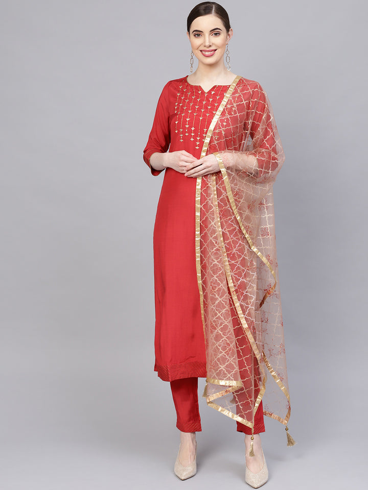 Red Muslin Embroidered Kurta Set with Golden Dupatta