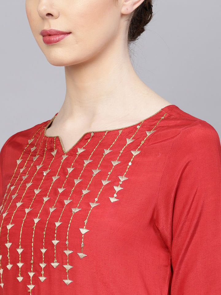 Red Muslin Embroidered Kurta Set with Golden Dupatta
