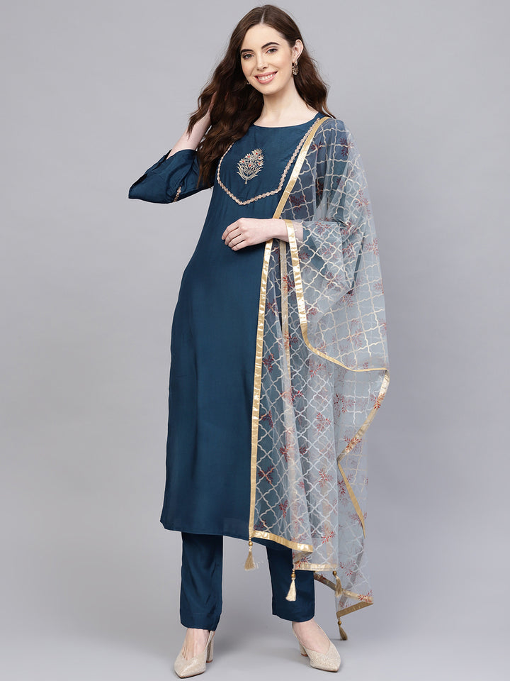 Prussian Blue Silk Kurta Set & Net Dupatta