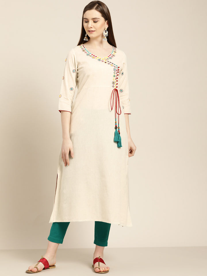 Off-White Embroidered A Line Kurta With Solid Pant