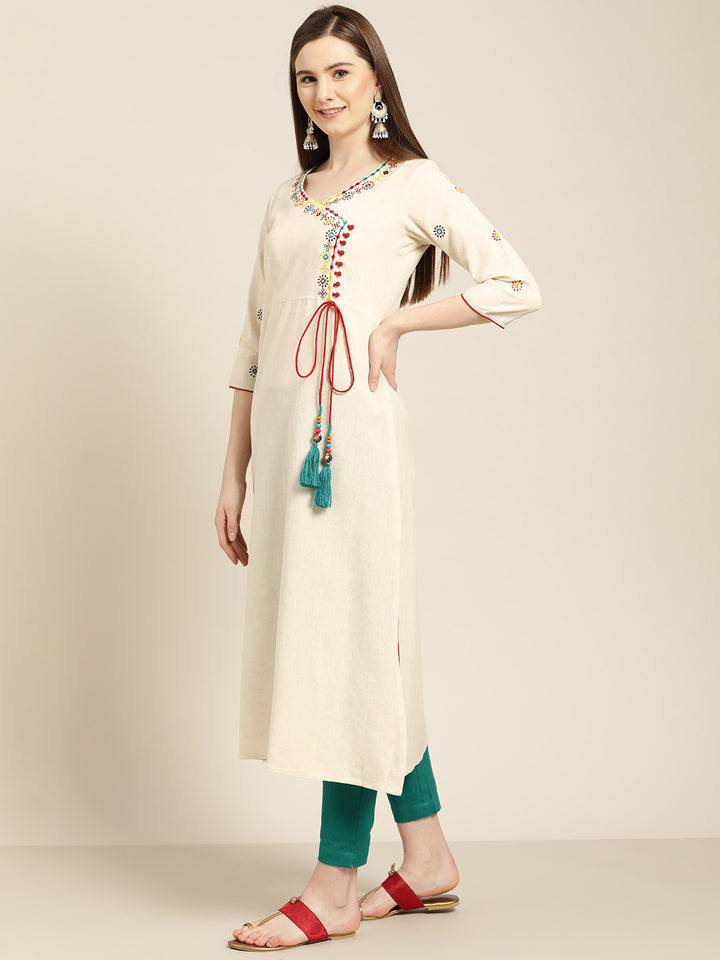 Off-White Embroidered A Line Kurta With Solid Pant