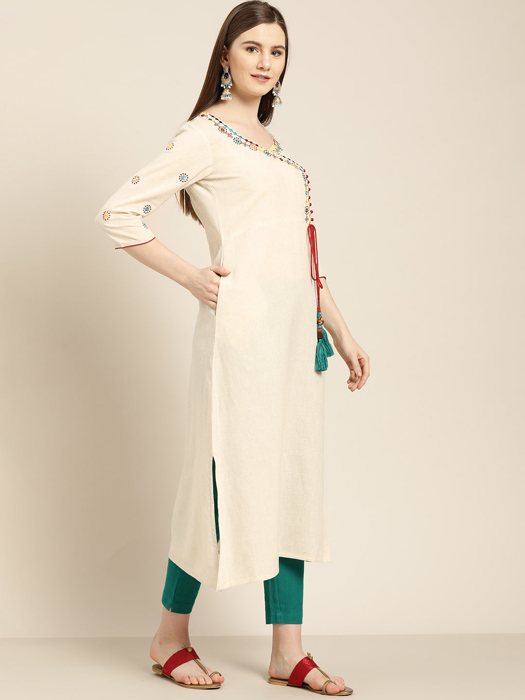 Off-White Embroidered A Line Kurta With Solid Pant