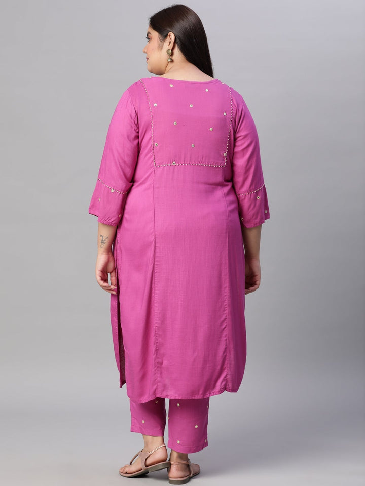 Magenta Mirror Work Straight Kurta With Pants