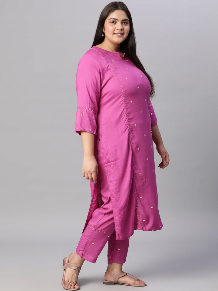 Magenta Mirror Work Straight Kurta With Pants
