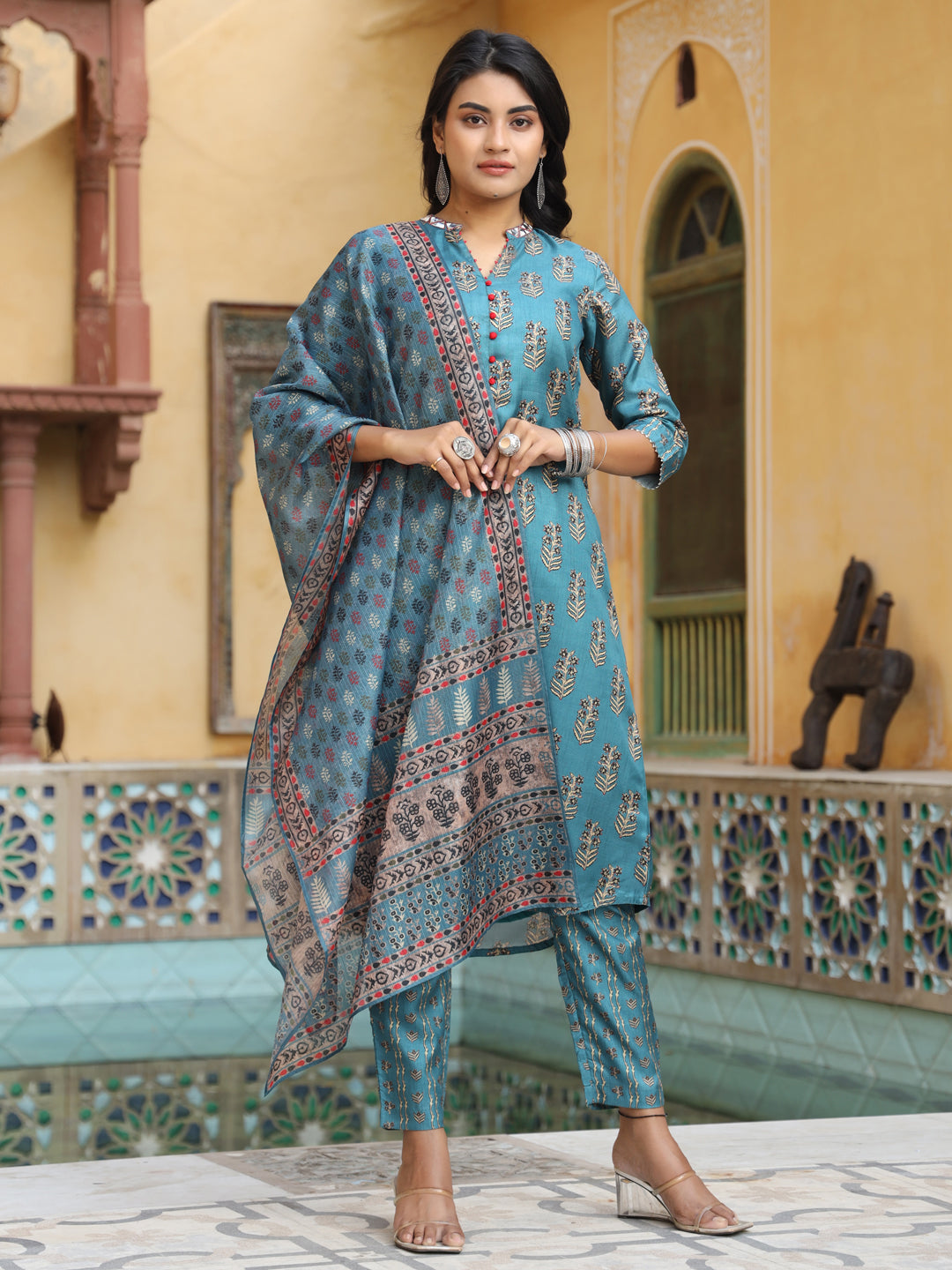 Sea-Green-Silk-Kurta-With-Pants-&-Dupatta