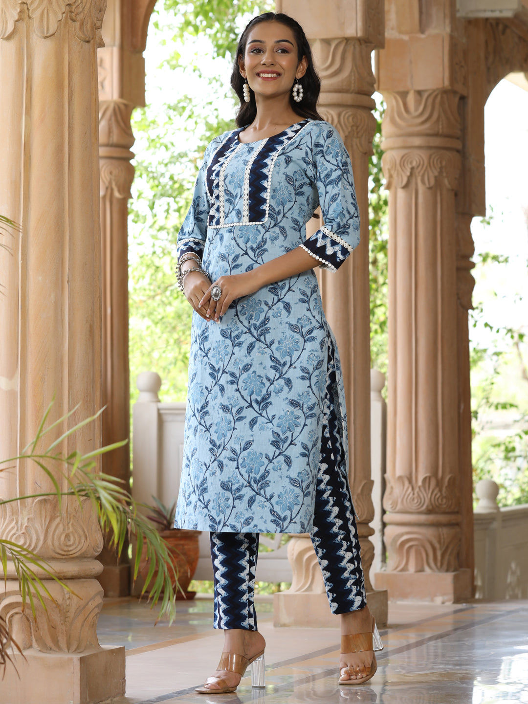 Blue-Floral-Straight-Kurta-With-Printed-Pants