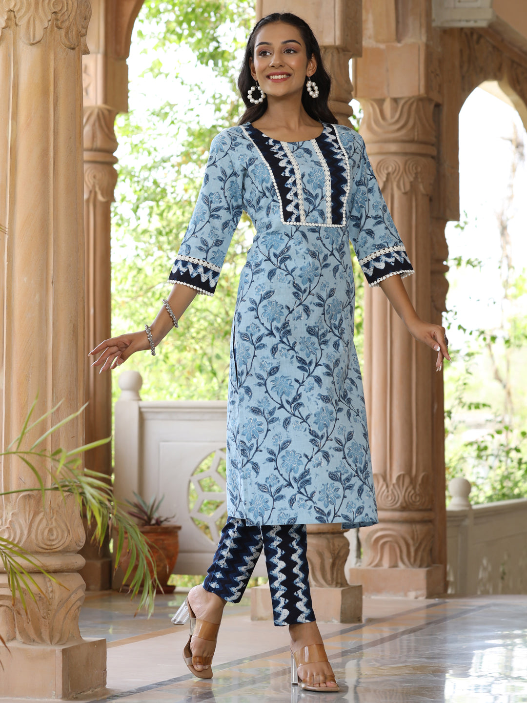 Blue-Floral-Straight-Kurta-With-Printed-Pants