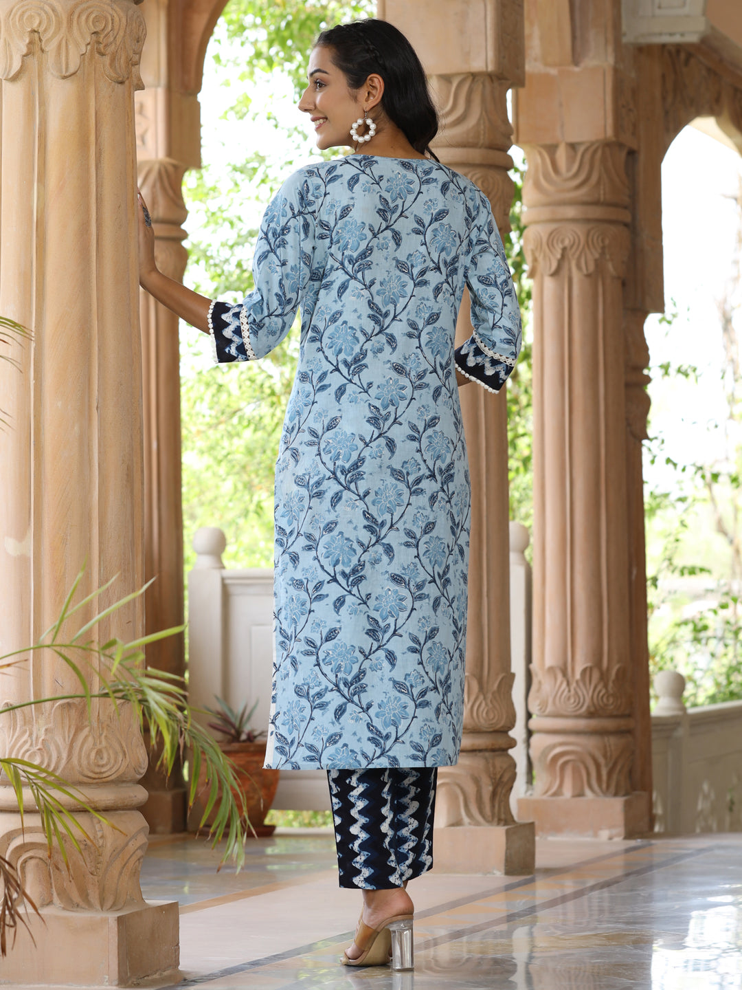 Blue-Floral-Straight-Kurta-With-Printed-Pants