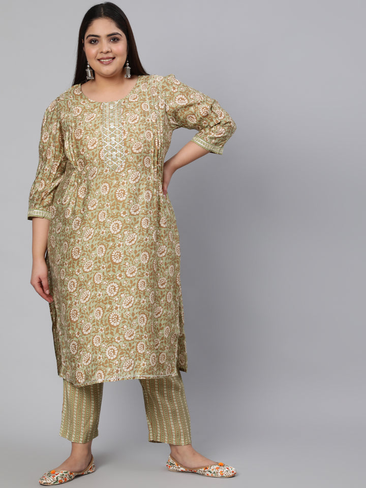 Green Chanderi Printed Straight Kurta With Pants