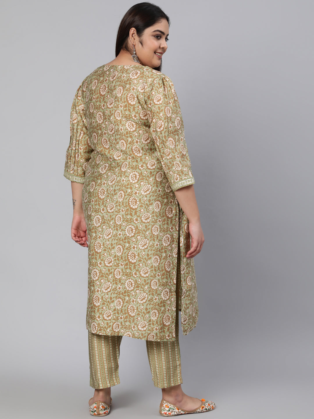 Green Chanderi Printed Straight Kurta With Pants
