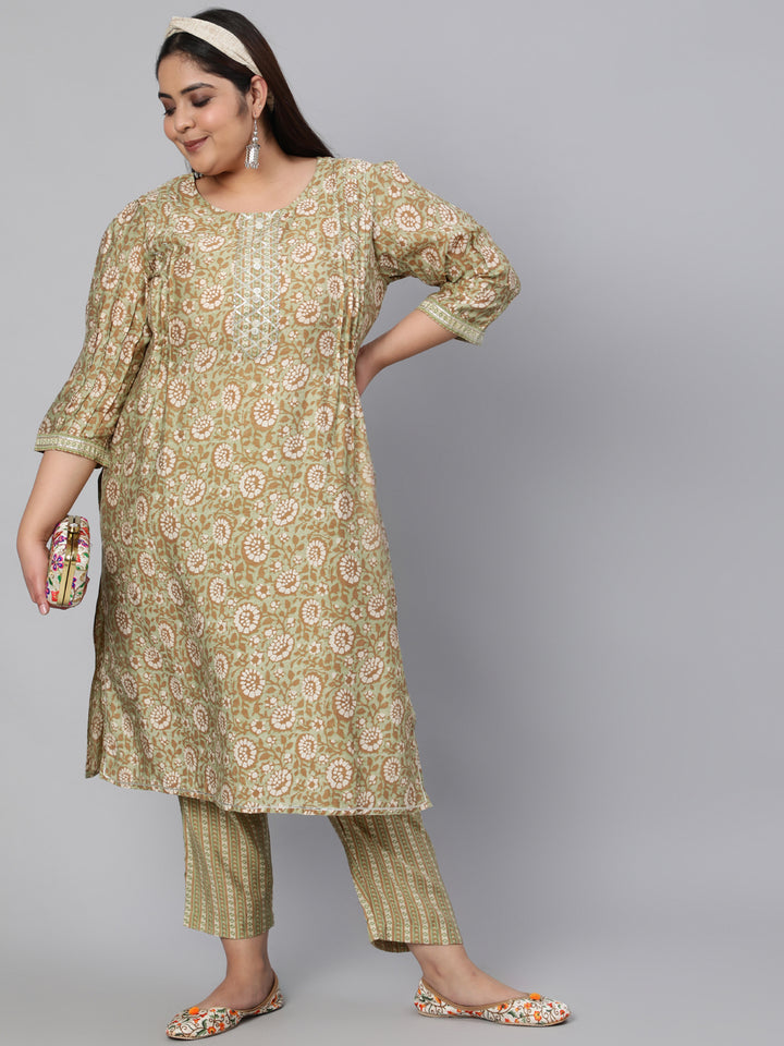 Green Chanderi Printed Straight Kurta With Pants