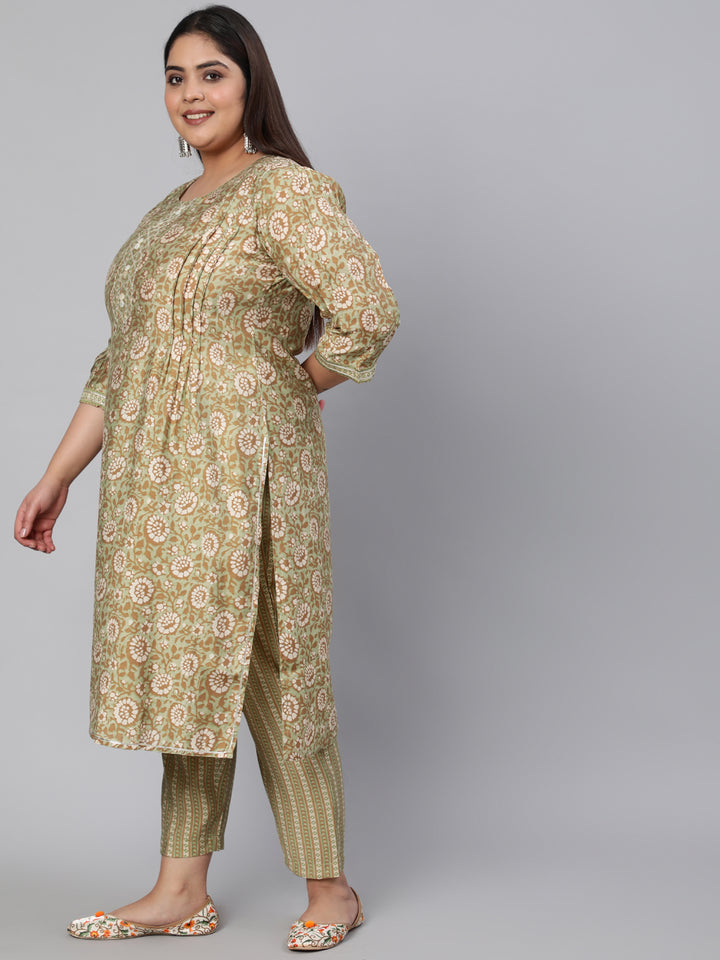 Green Chanderi Printed Straight Kurta With Pants