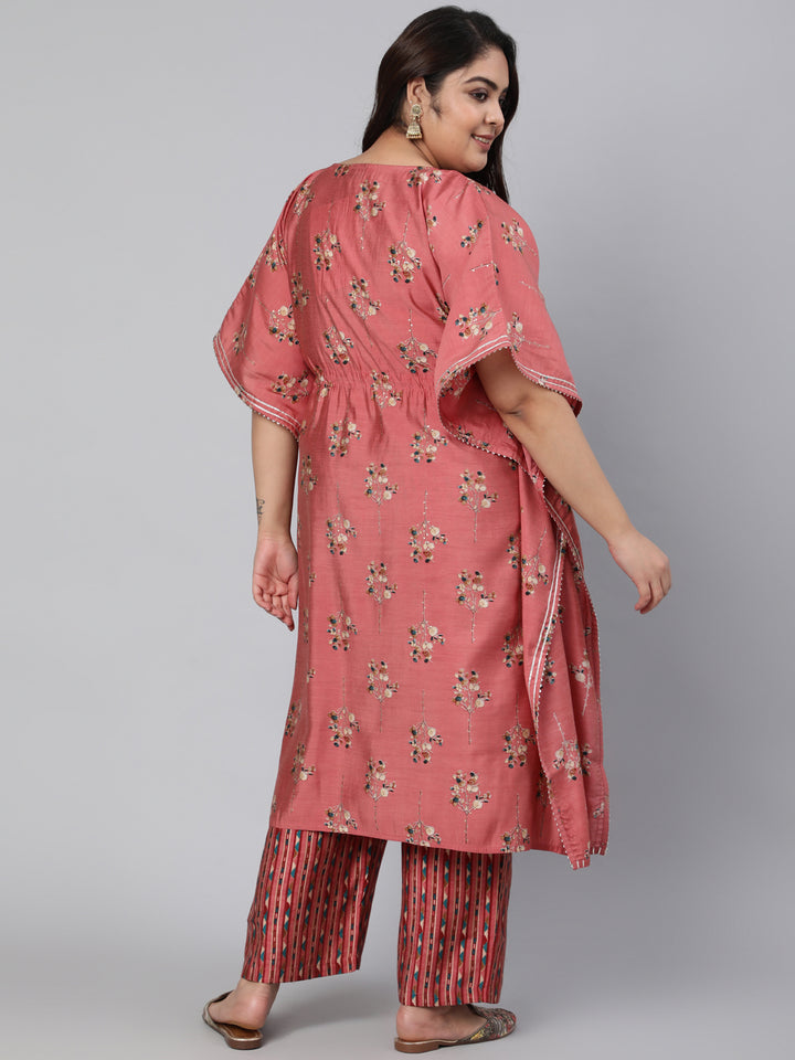 Pink Chanderi Printed Soft Kaftan With Pants