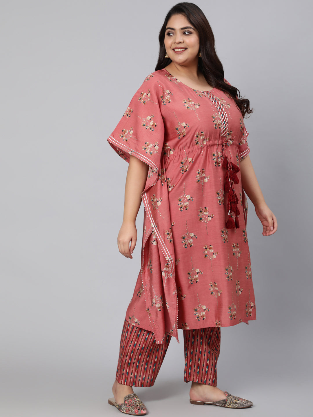 Pink Chanderi Printed Soft Kaftan With Pants
