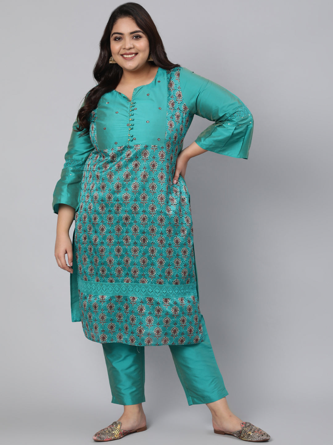 Turquoise Silk Embroidered Kurta with Trousers