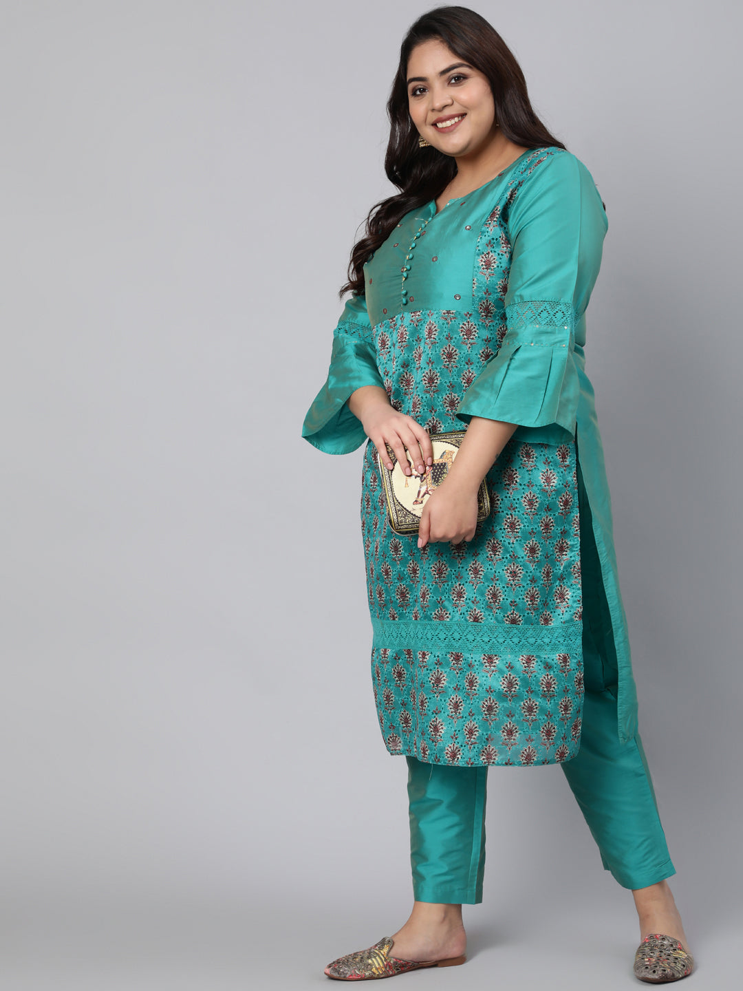 Turquoise Silk Embroidered Kurta with Trousers