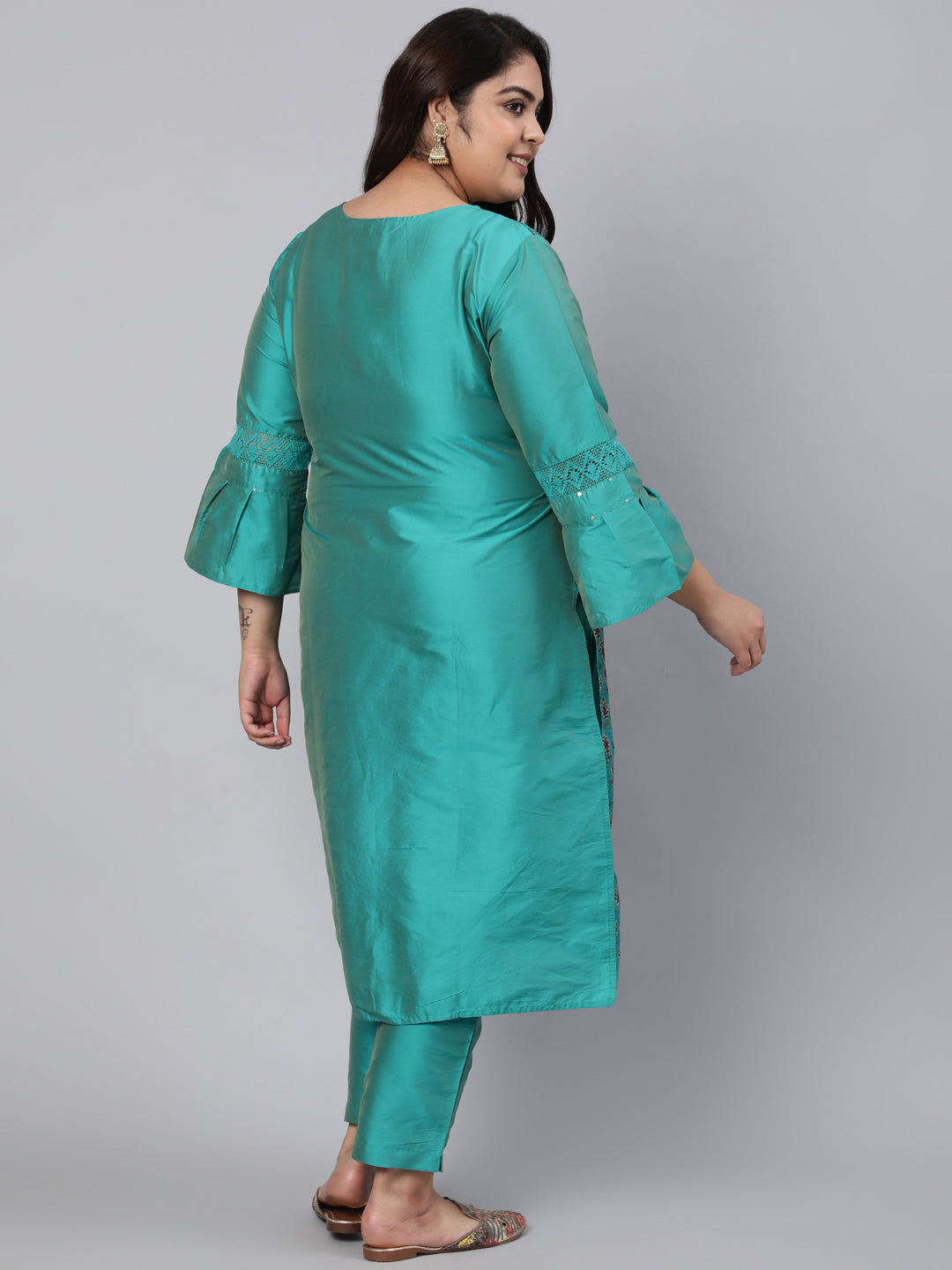 Turquoise Silk Embroidered Kurta with Trousers