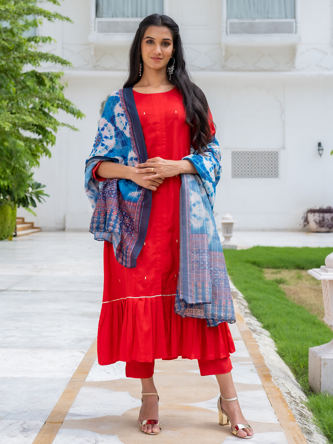Red Silk Flared Kurta With Pants And Blue Dupatta.