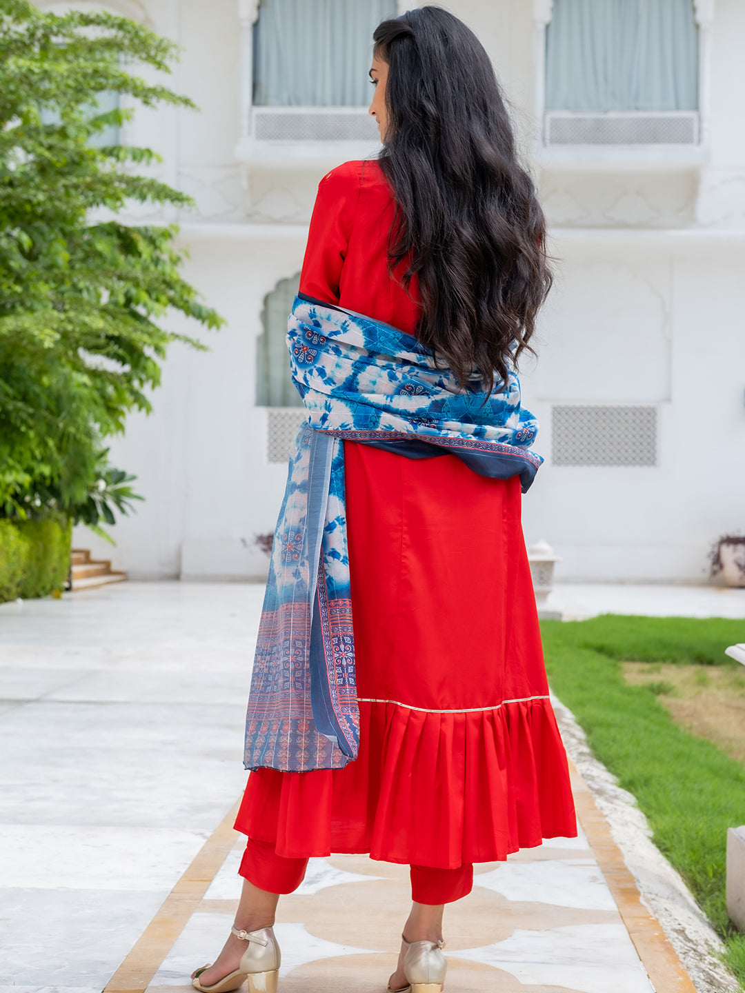 Red Silk Flared Kurta With Pants And Blue Dupatta.