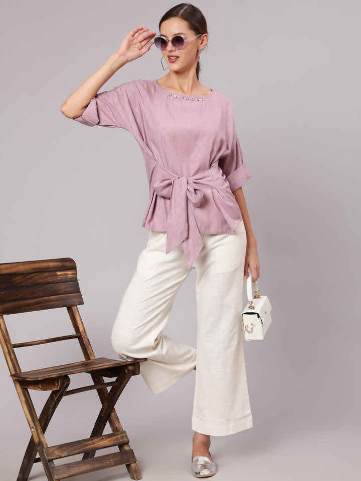 Mauve-Rayon-Top-&-White-Cotton-Flared-Pants