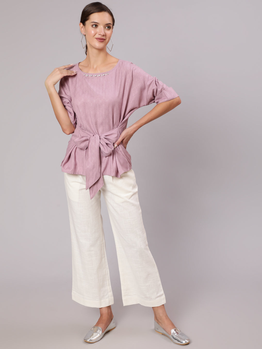 Mauve-Rayon-Top-&-White-Cotton-Flared-Pants