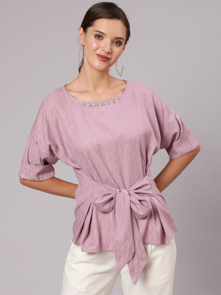 Mauve-Rayon-Top-&-White-Cotton-Flared-Pants