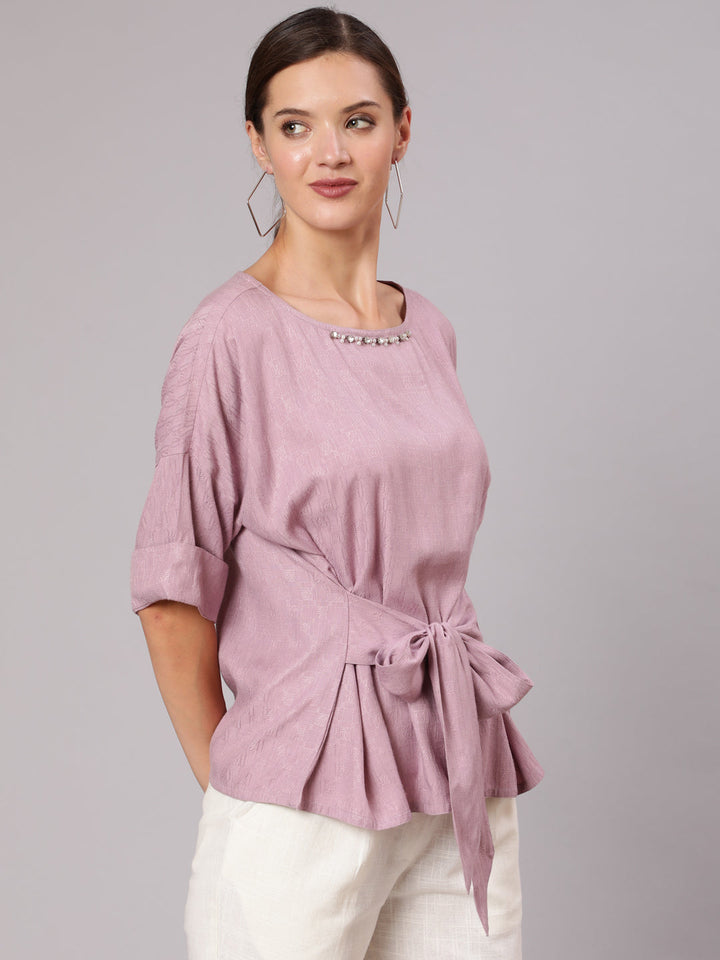 Mauve-Rayon-Top-&-White-Cotton-Flared-Pants