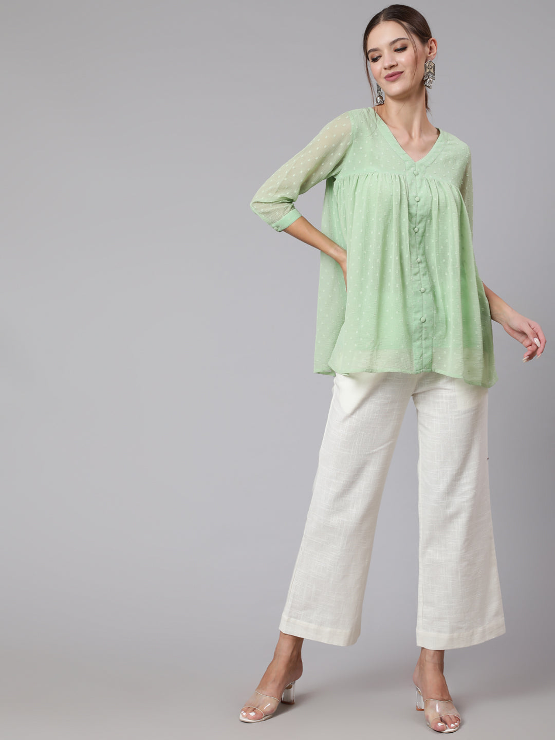 Green-Chiffon-Top-&-Cotton-White-Flared-Pants
