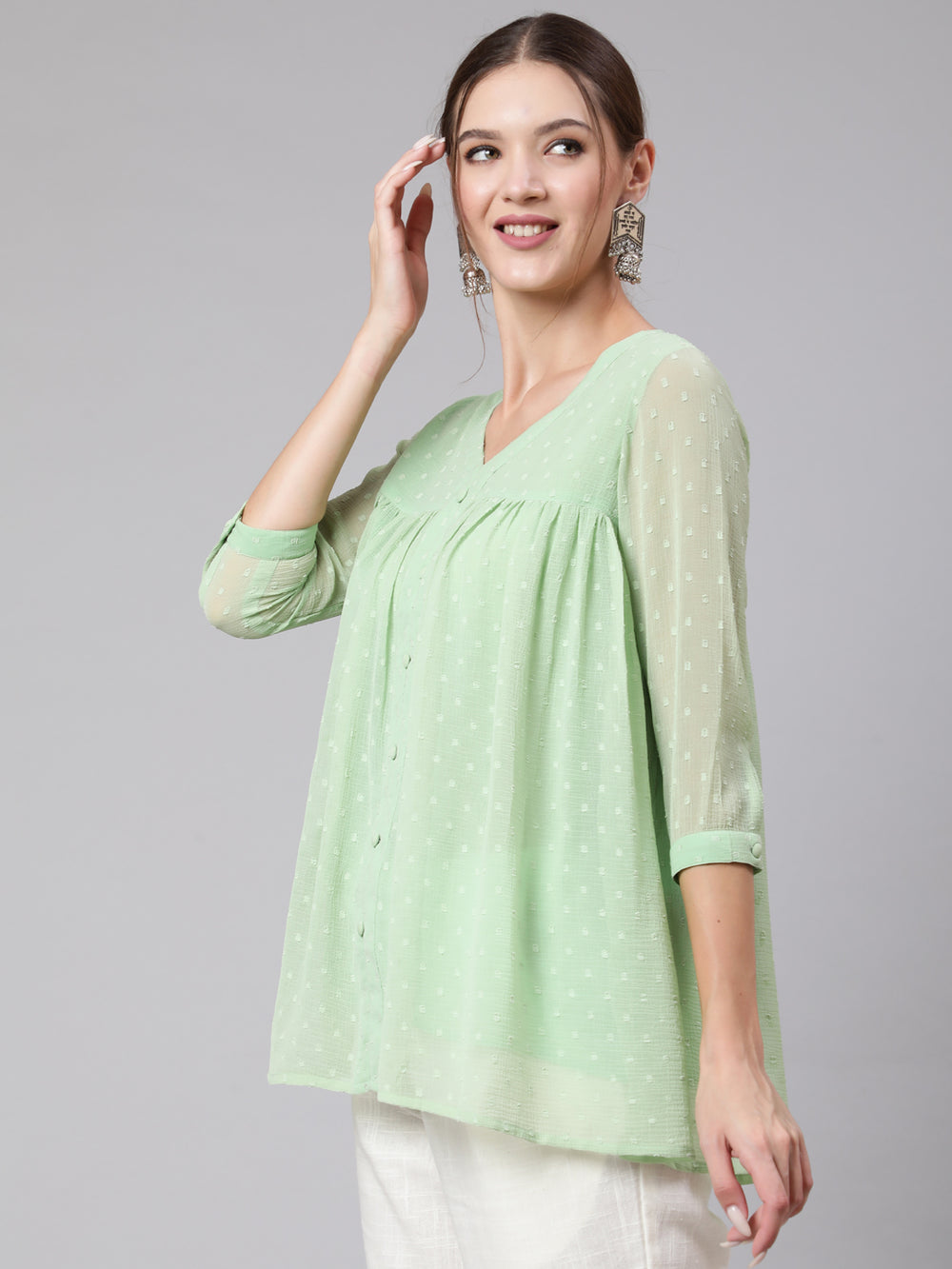 Green-Chiffon-Top-&-Cotton-White-Flared-Pants