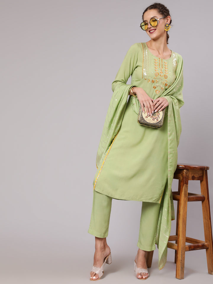 Tea Green Embroidered Kurta Set & Chanderi Dupatta