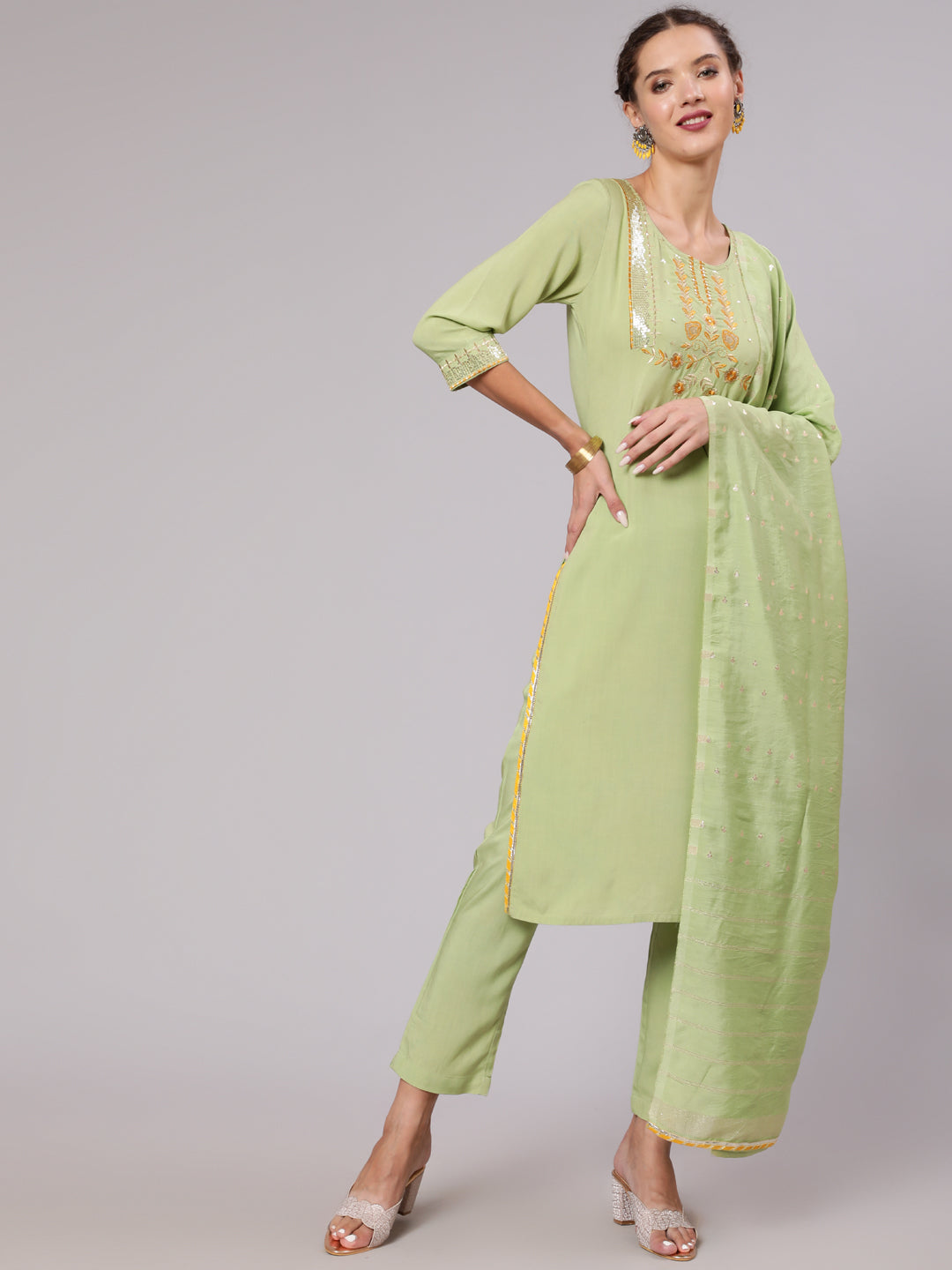 Tea Green Embroidered Kurta Set & Chanderi Dupatta