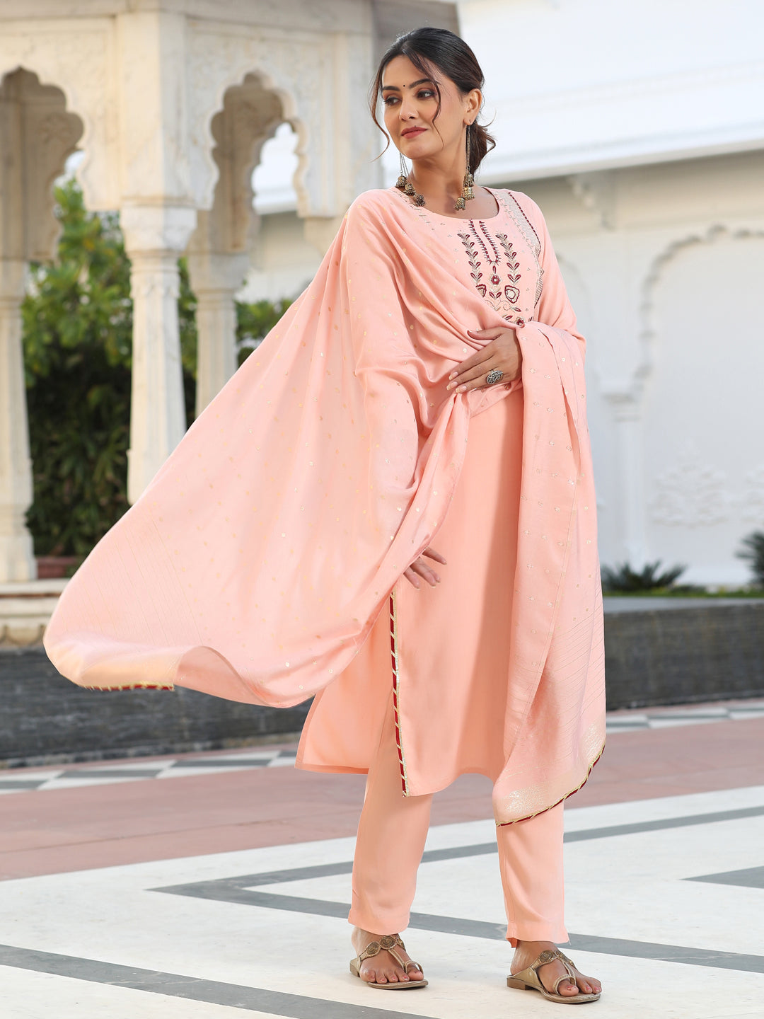 Crayola Peach Embellishe Kurta Set & Chanderi Dupatta