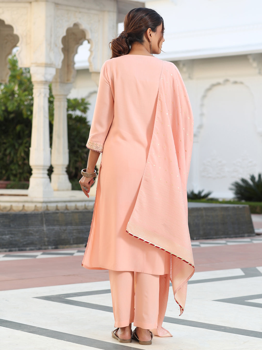 Crayola Peach Embellishe Kurta Set & Chanderi Dupatta