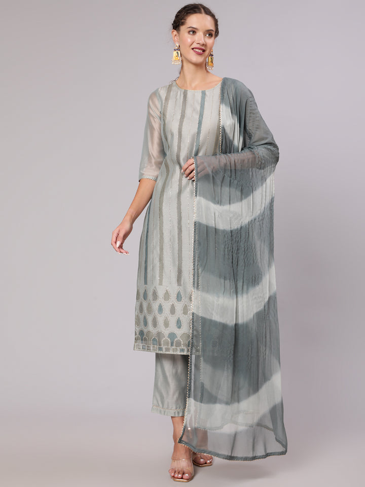 Grey Chanderi Printed Kurta Set And Tie & Dye Dupatta