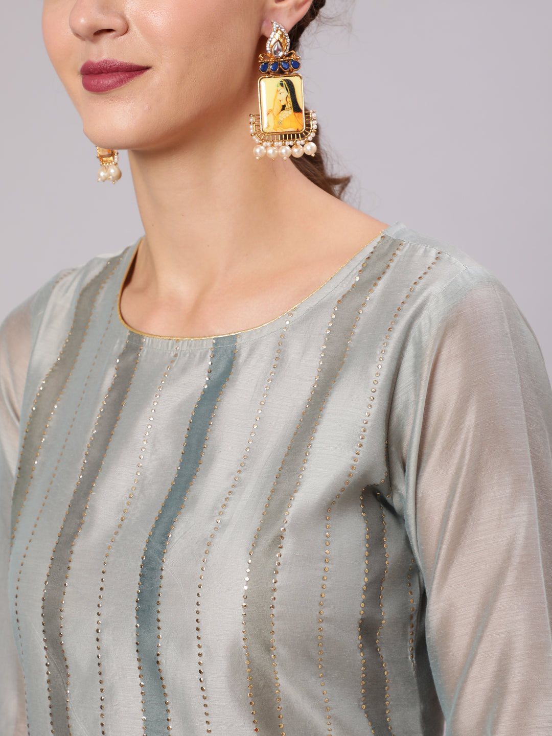 Grey Chanderi Printed Kurta Set And Tie & Dye Dupatta