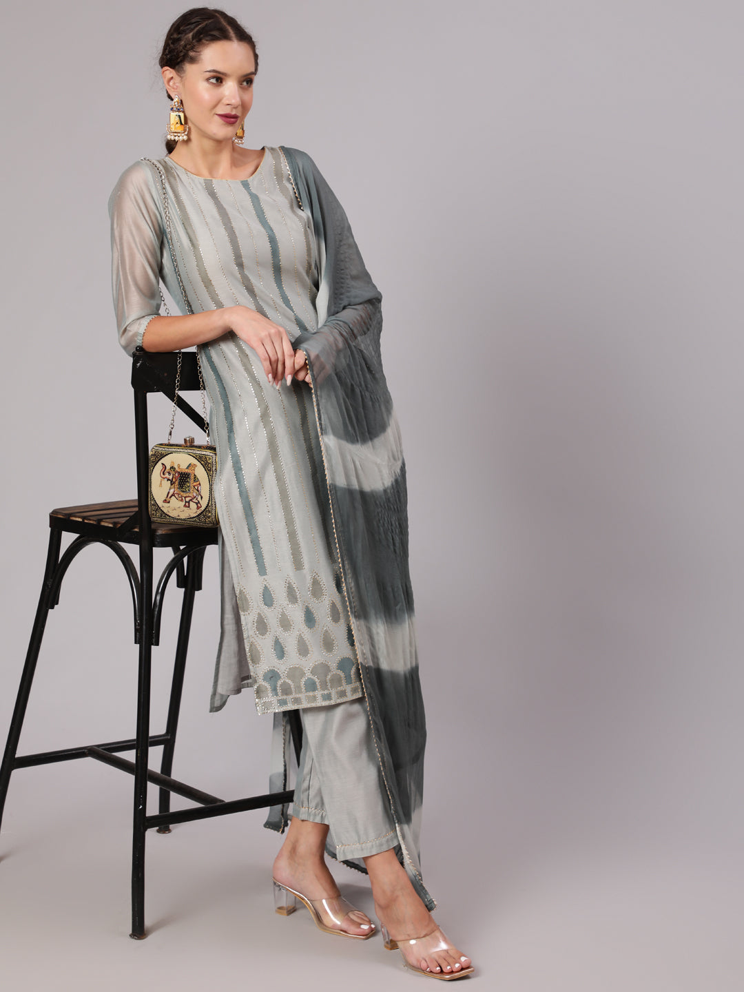 Grey Chanderi Printed Kurta Set And Tie & Dye Dupatta