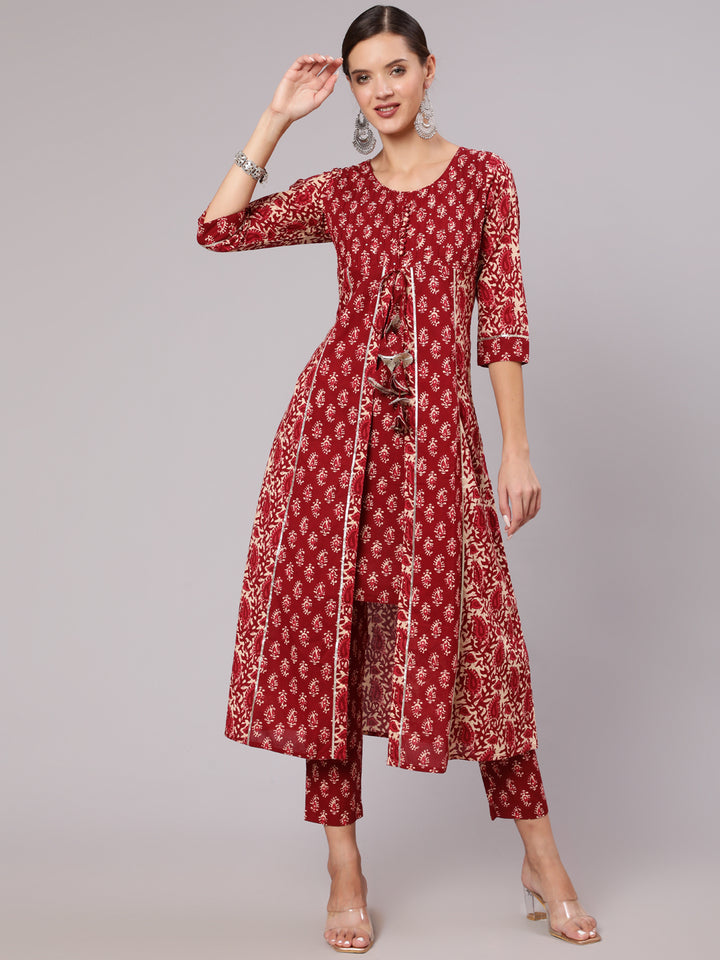 Maroon Cotton Handblock Print A-Line Kali Kurta & Pants