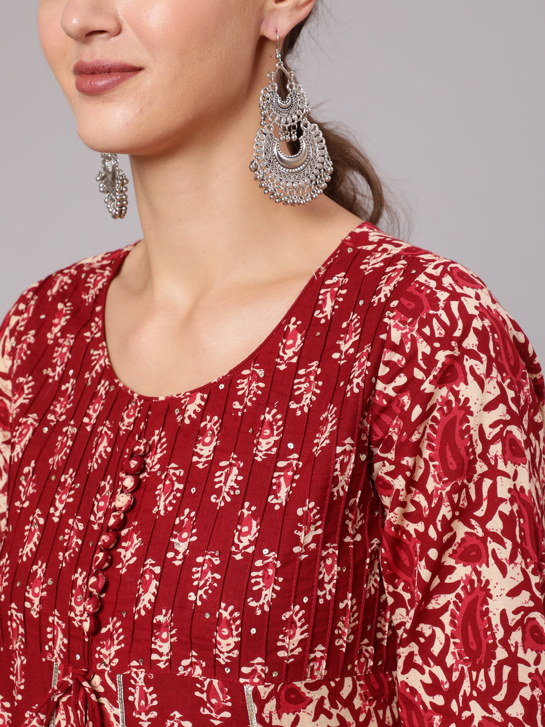 Maroon Cotton Handblock Print A-Line Kali Kurta & Pants