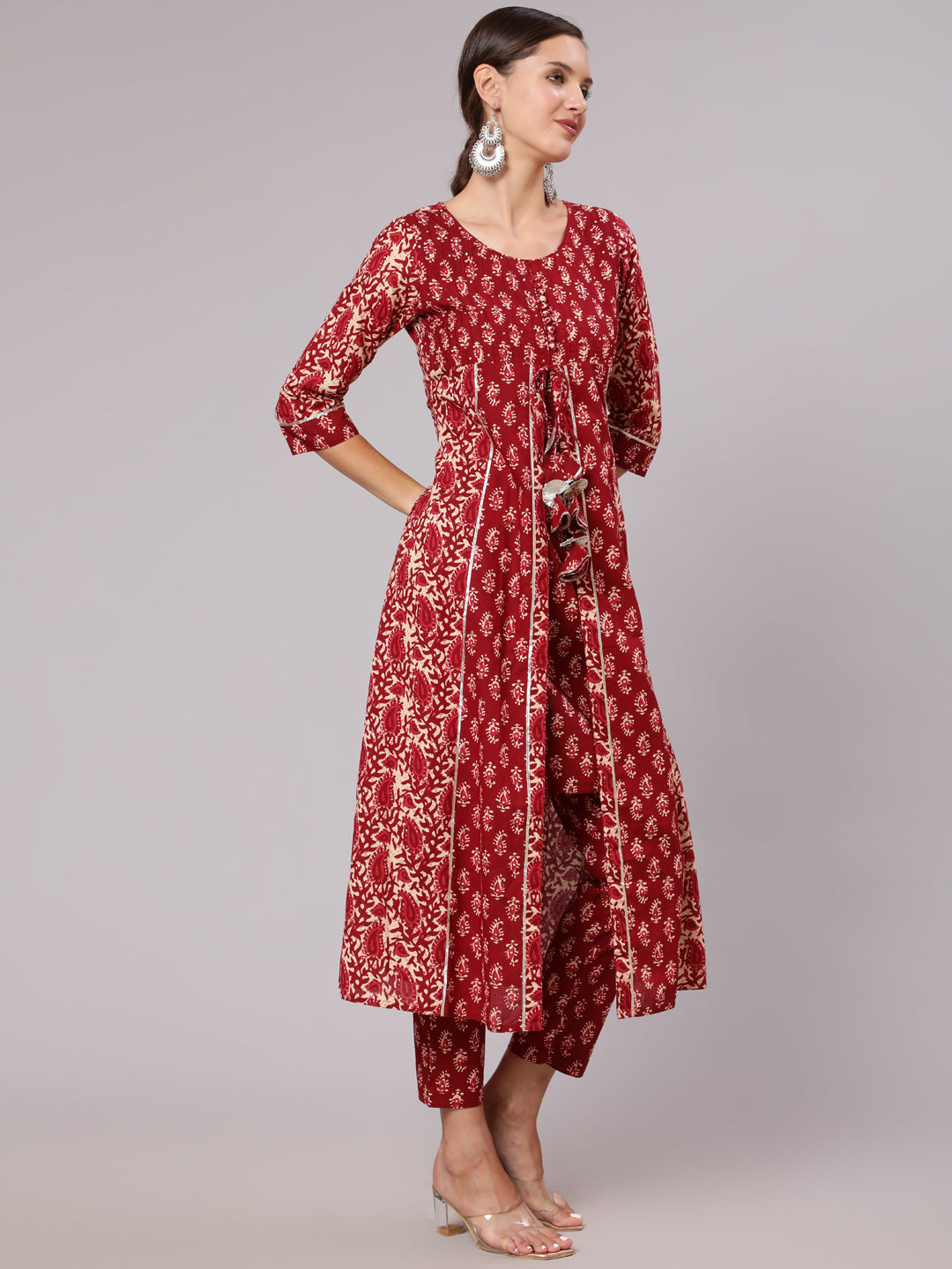 Maroon Cotton Handblock Print A-Line Kali Kurta & Pants