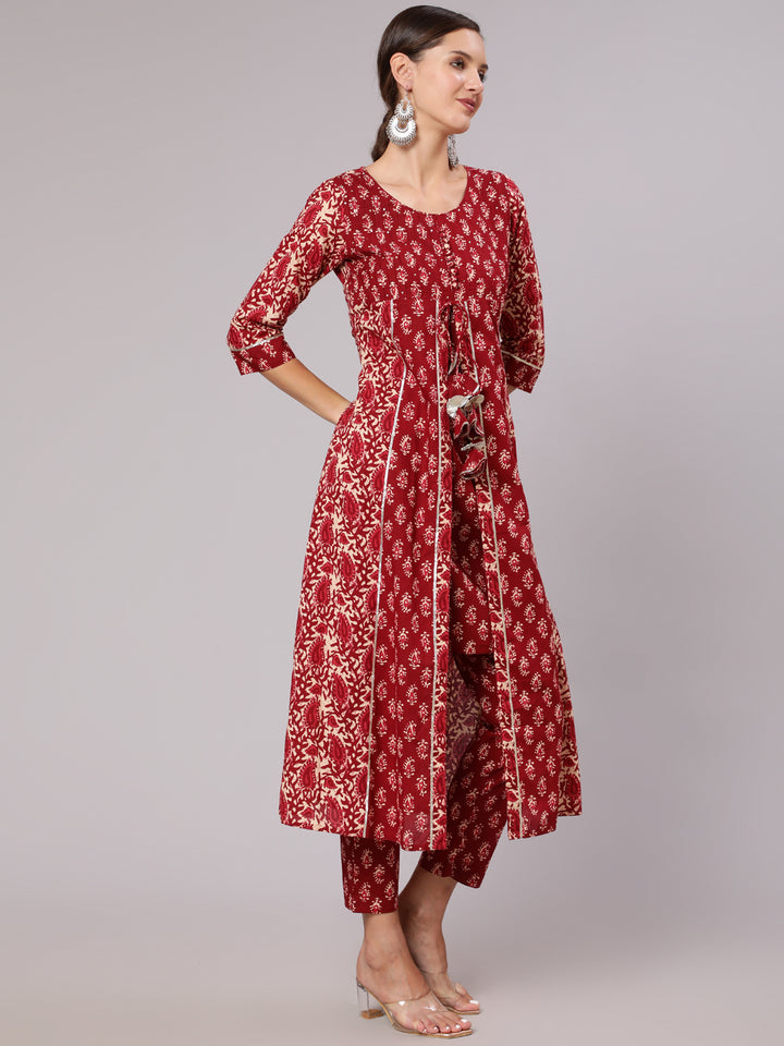 Maroon Cotton Handblock Print A-Line Kali Kurta & Pants