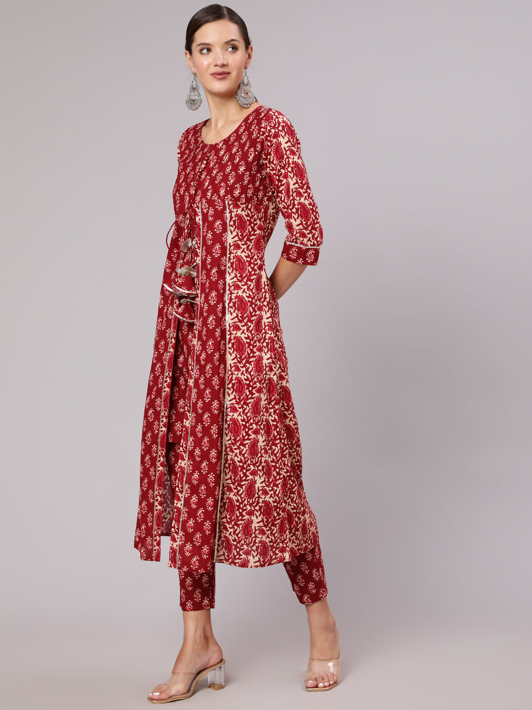 Maroon Cotton Handblock Print A-Line Kali Kurta & Pants