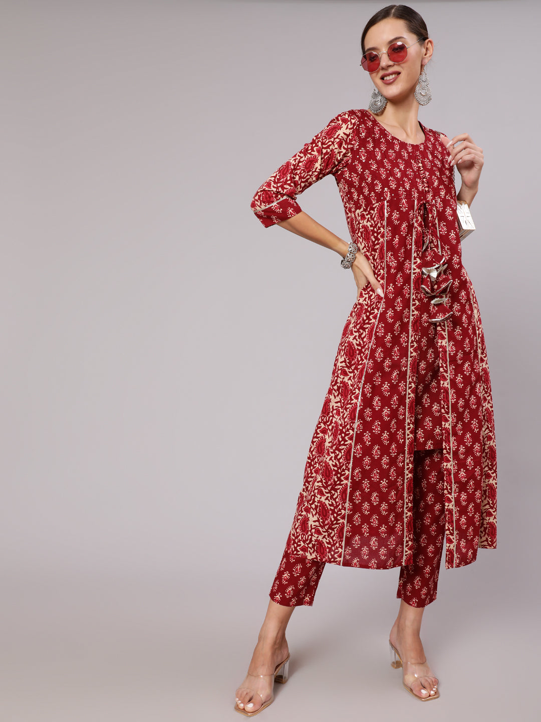 Maroon Cotton Handblock Print A-Line Kali Kurta & Pants