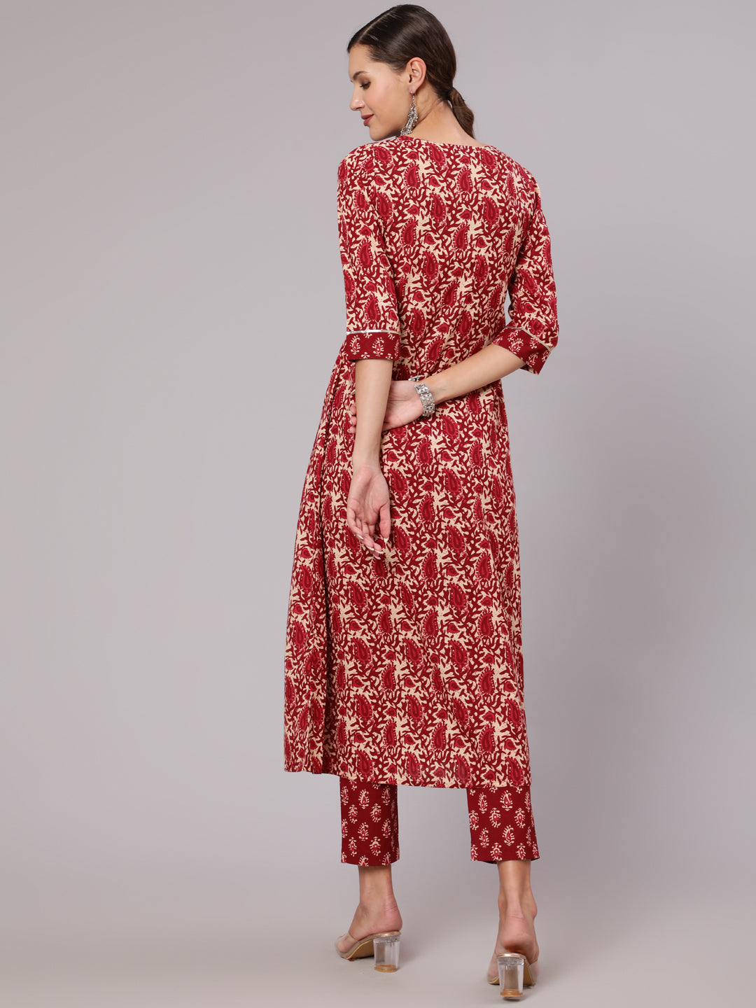 Maroon Cotton Handblock Print A-Line Kali Kurta & Pants