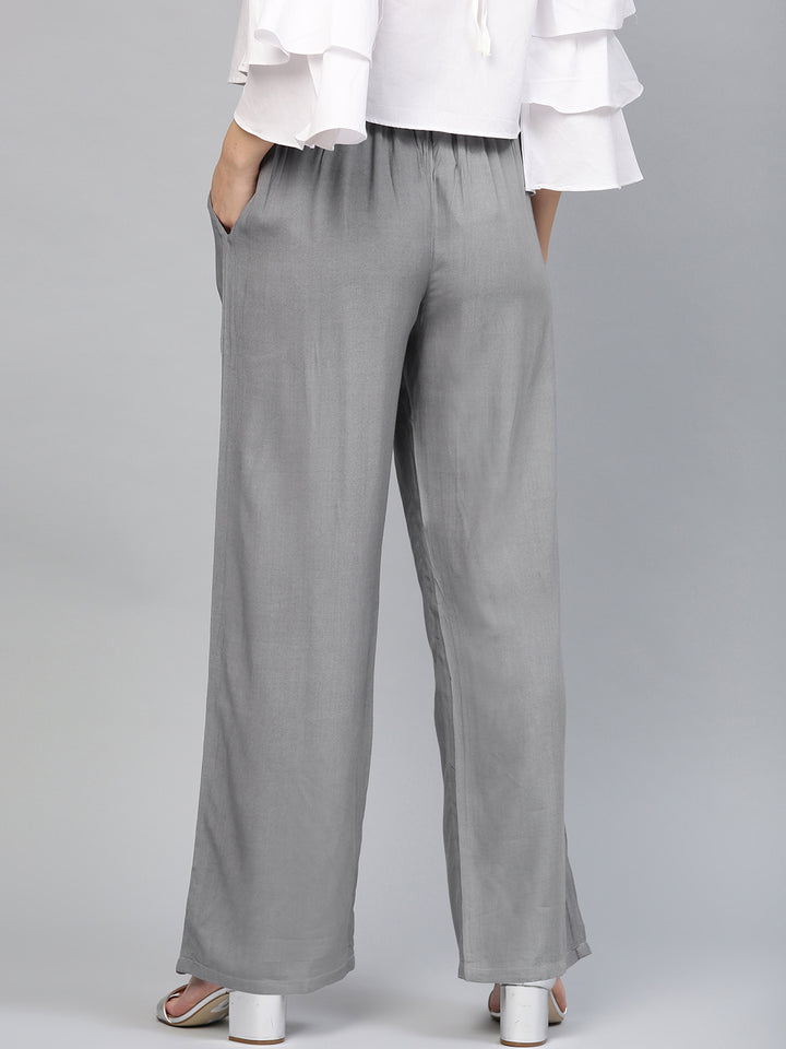 Grey Rayon Formal Palazzo Pants with Pockets